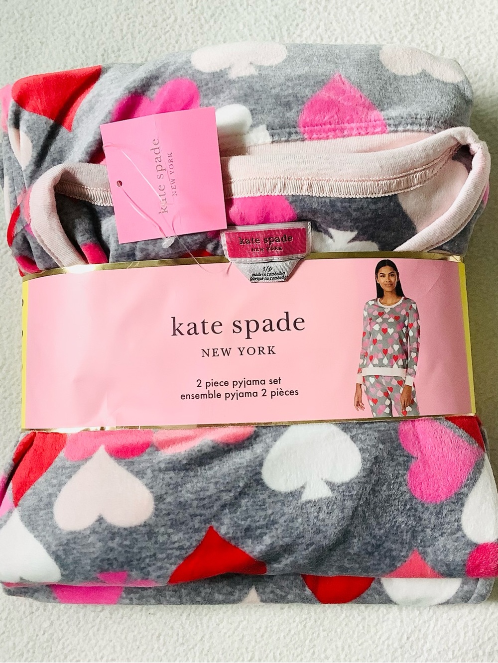 kate spade New York Gray Heart Print 2-Piece Pajama Set Sz. Small , NWT